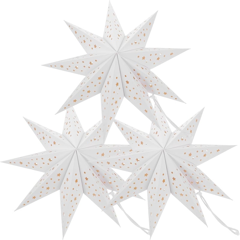 Lurrose Papír Csillag Lámpás 35cm - 3db Fehér Függeszthető Karácsonyi Dekoráció, 9 Ágú Összecsukható Lampion Esküvőre, Születésnapra