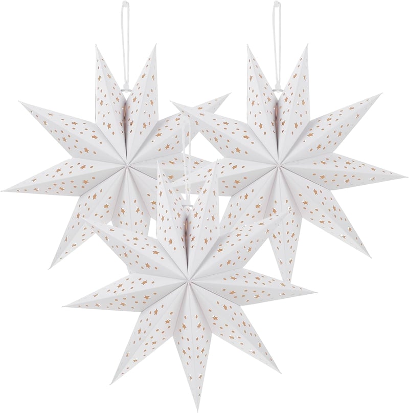 Lurrose Papír Csillag Lámpás 35cm - 3db Fehér Függeszthető Karácsonyi Dekoráció, 9 Ágú Összecsukható Lampion Esküvőre, Születésnapra