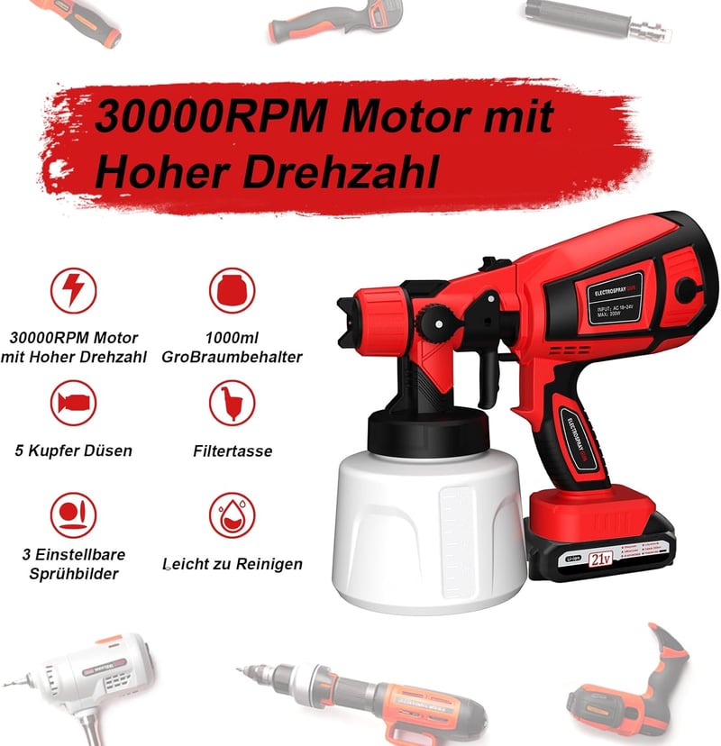 Lutranstra Akkumulátoros Festékszóró Rendszer 5 Réz Fúvókával, 2x2000mAh Akkumulátorral, 1000ml Tartállyal Kerítéshez, Falhoz, Bútorhoz