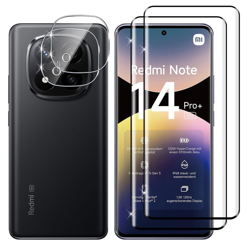 Lutree tvrdené ochranné sklo na displej pre Xiaomi Redmi Note 14 Pro Plus 5G, 2+2 ks, s 3D ochranou fotoaparátu, tvrdosť 9H, HD, odolné proti poškriabaniu