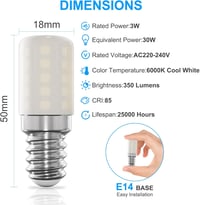 LUTW E14 LED Hűtőszekrény Izzó 6000K Hideg Fehér 3W 2db Csomag 2