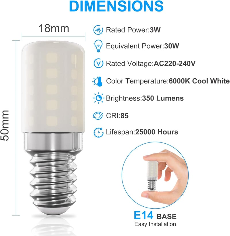 LUTW E14 LED Hűtőszekrény Izzó 6000K Hideg Fehér 3W 2db Csomag