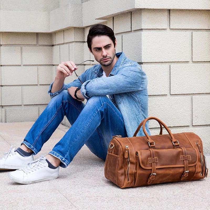 LUUFAN férfi bőr utazótáska 58cm vintage marhabőr nagy kapacitás