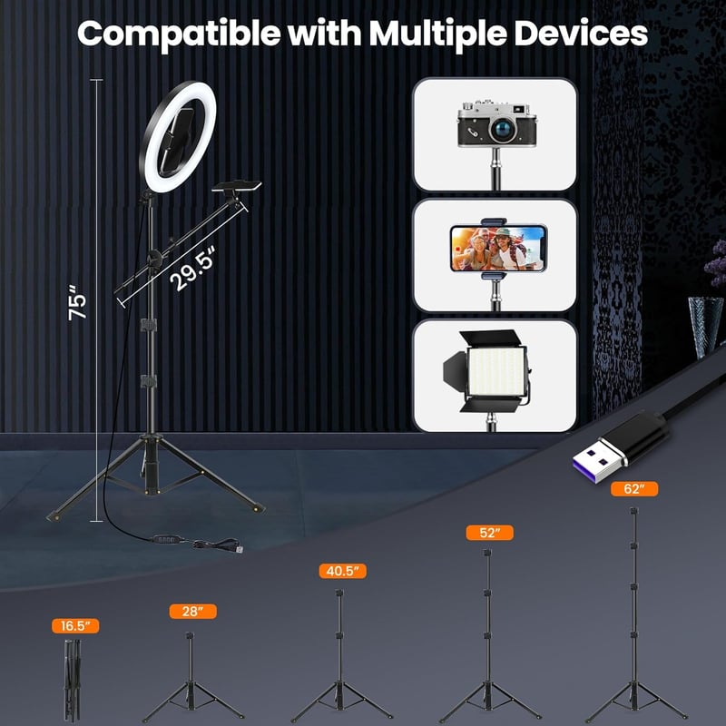 LUXSURE 10,5" LED gyűrűlámpa állvánnyal, 2 telefontartóval és Bluetooth távirányítóval