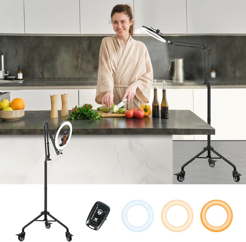 LUXSURE Állványos Körlámpa 10 Hüvelykes Fékezhető Kerekekkel - Bluetooth Távirányítóval Tartalomkészítéshez, Élő Közvetítéshez, Videófelvéte