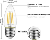 Bec LED tip lumânare LVWIT E27 4W, echivalent 40W, 470 lm, alb cald 2700K, nereglementabil, C35, 6 bucăți 3