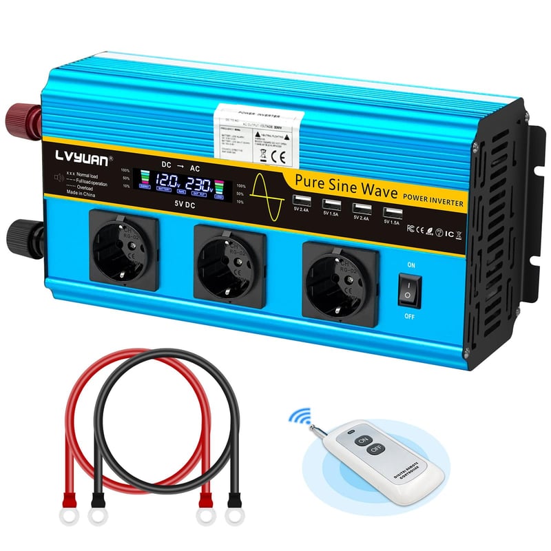 LVYUAN 2500W/5000W menič napätia DC 12V na AC 230V s čistou sínusoidou, LCD displejom, diaľkovým ovládaním, 3 AC zásuvkami a 4 USB portmi