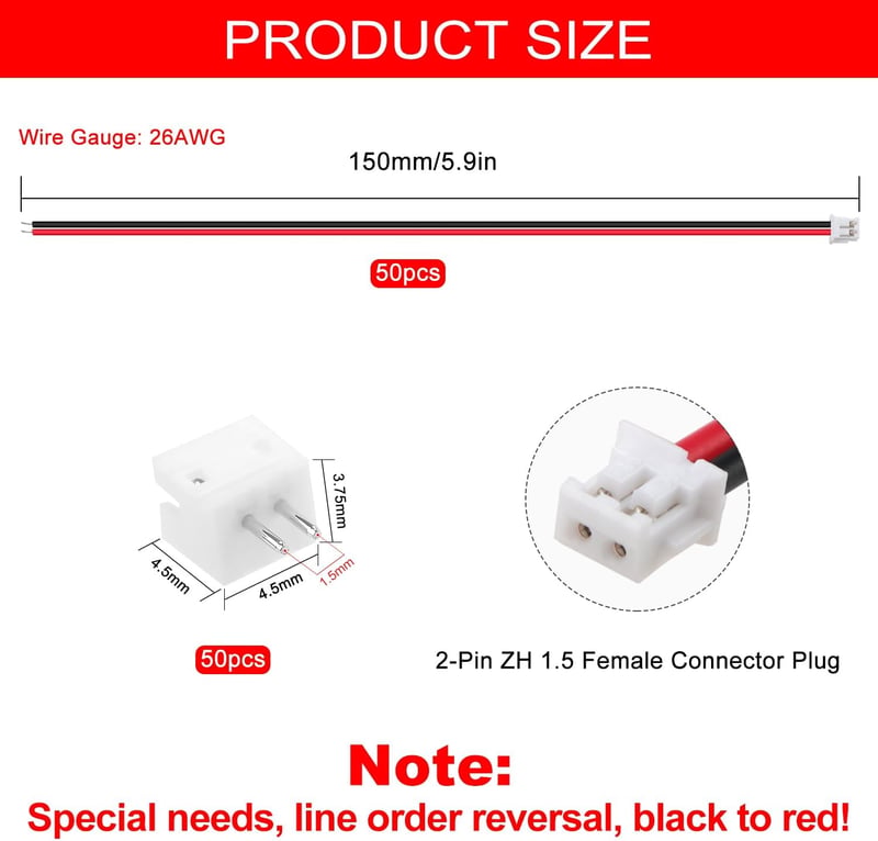Lyeteung JST 1.5 ZH 2 Pin Csatlakozó Készlet - 50 Szett Mini Mikro Dugó 150mm Kábellel és Aljzat - Fekete-Piros Vezetékkel RC Modellekhez