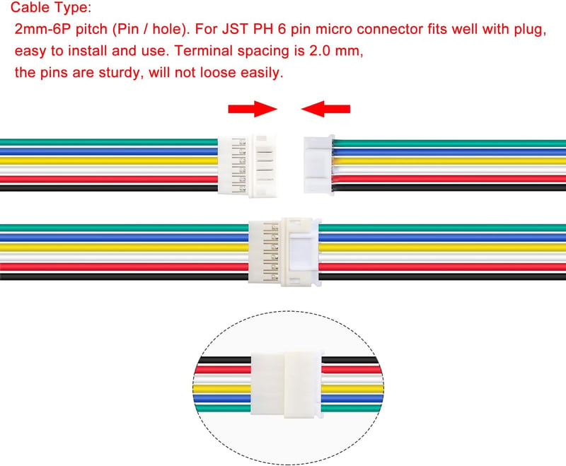 Lyeteung JST 2.0 PH 6 Pin csatlakozó készlet - 10 pár mini mikro JST PH 2.0mm apa-anya csatlakozó 150mm 22AWG kábellel elektronikai projekte