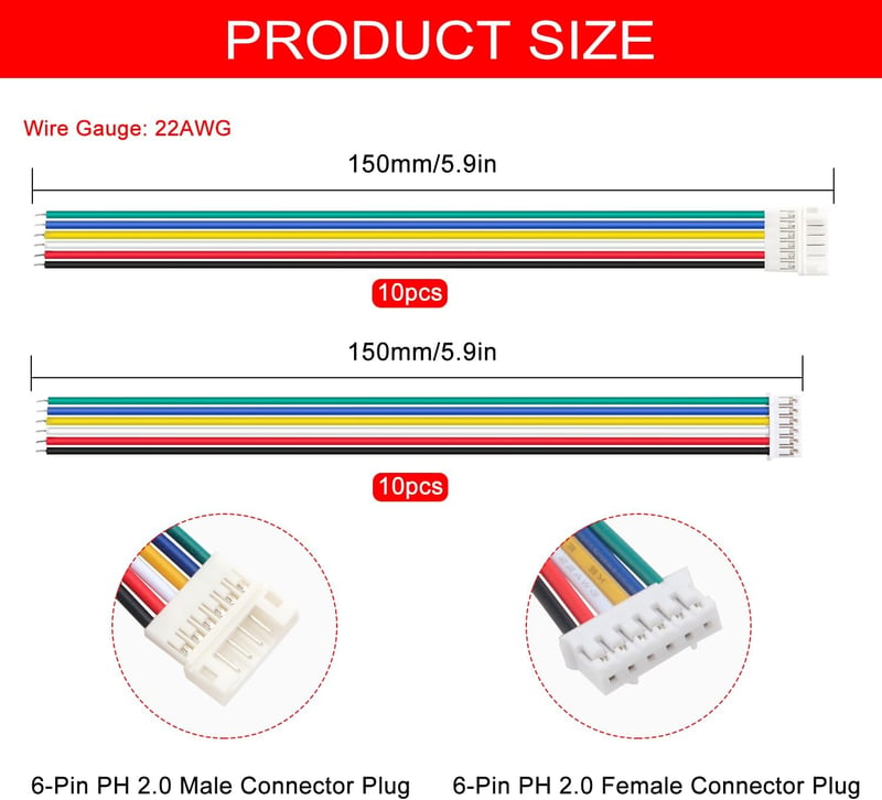 Lyeteung JST 2.0 PH 6 Pin csatlakozó készlet - 10 pár mini mikro JST PH 2.0mm apa-anya csatlakozó 150mm 22AWG kábellel elektronikai projekte