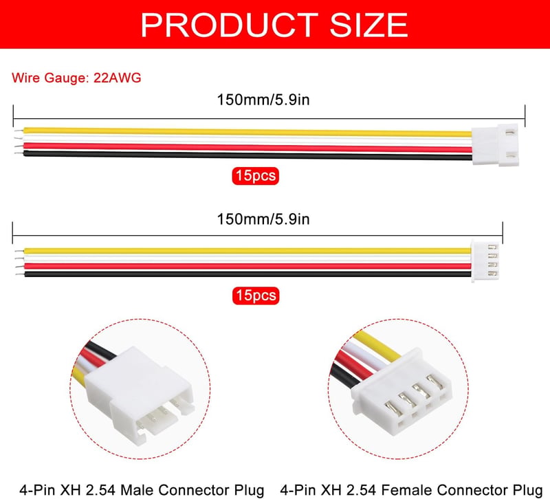 Lyeteung JST 2.54 XH 4 Pin csatlakozó készlet - 15 pár apa és anya csatlakozó 150mm 22AWG kábellel - 2.54mm elektronikai összekötő szett