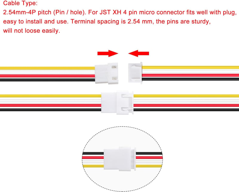 Lyeteung JST 2.54 XH 4 Pin csatlakozó készlet - 15 pár apa és anya csatlakozó 150mm 22AWG kábellel - 2.54mm elektronikai összekötő szett