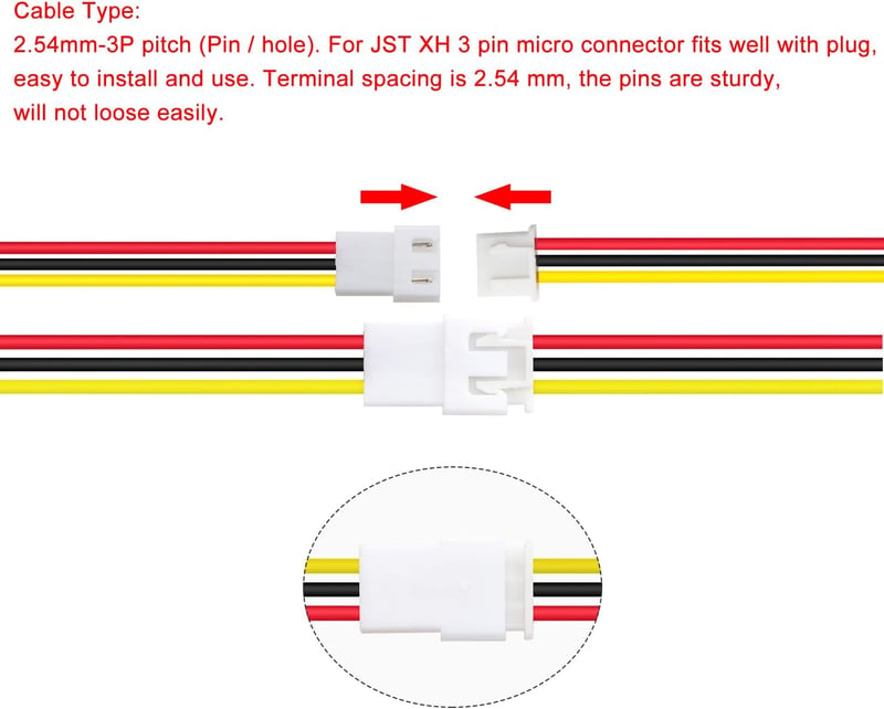 Lyeteung JST XH 2.54mm 3-Pin Csatlakozó Készlet - 20 Pár Dugó és Aljzat 150mm 22AWG Kábellel - Elektronikai Projektekhez, Modellezéshez