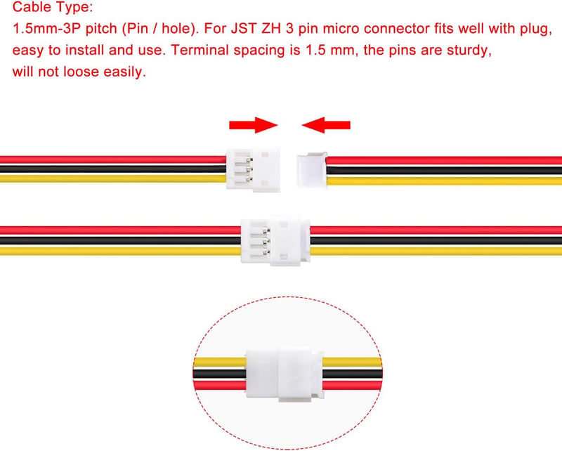 Lyeteung JST ZH 3-Pin Csatlakozó Készlet - 20 Pár Mini Mikro Dugó és Aljzat 150mm 26AWG Kábellel - Elektronikai Projektek, Modellezés
