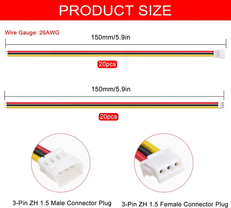Lyeteung JST ZH 3-Pin Csatlakozó Készlet - 20 Pár Mini Mikro Dugó és Aljzat 150mm 26AWG Kábellel - Elektronikai Projektek, Modellezés
