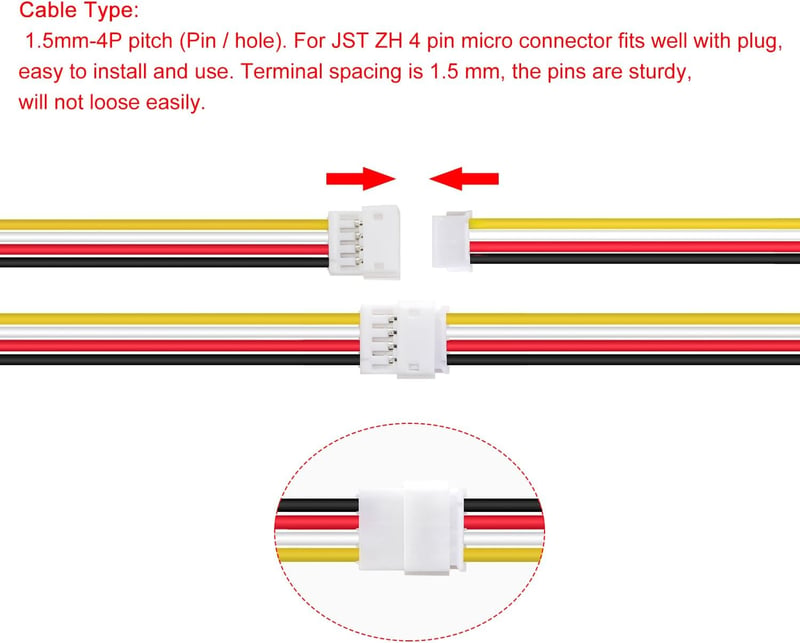 Lyeteung JST ZH 4-Pin Csatlakozó Készlet - 15 Pár Mini Mikro Dugó és Aljzat 150mm 26AWG Kábellel - Elektronikai Projektek, RC Modellek