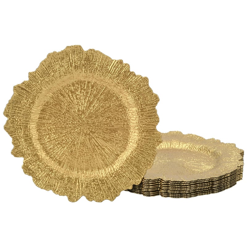 Set 12 bucăți Farfurie Decorativă Rotundă Aurie LYHLYA, 33 cm, Model Striat, Plastic, Decor festiv pentru masă, Decor de nuntă