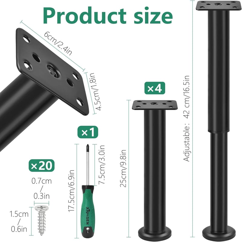 LYLIDIA 4 szett bútor láb magasságállítható 25-42 cm fekete acél bútor láb kanapéhoz ágyhoz szekrényhez