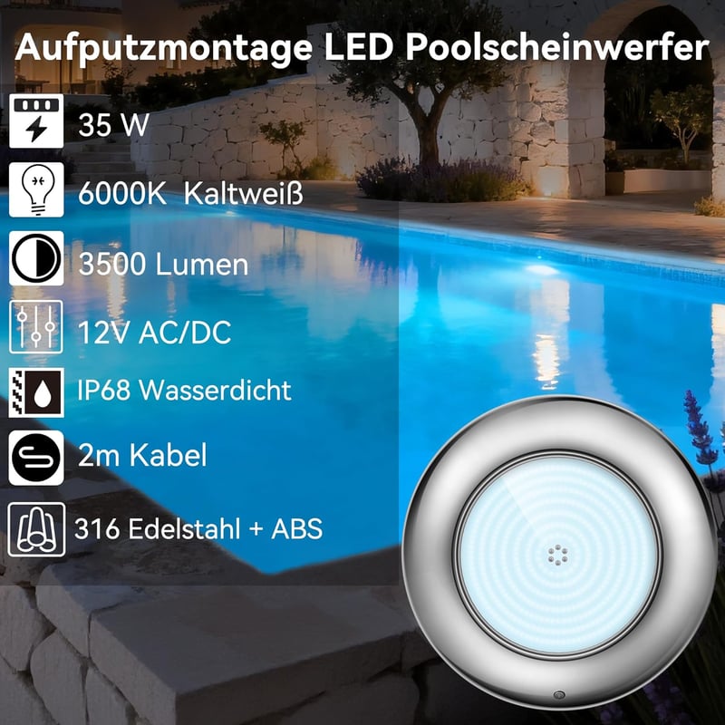 LyLmLe LED medence lámpa 35W, 3500 lm, IP68 vízálló, rozsdamentes acél