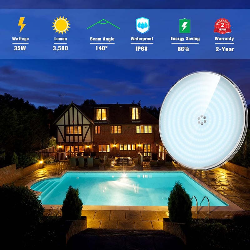 LyLmLe PAR56 LED Medence Világítás 35W - Ultra Lapos Víz Alatti Lámpa, 3500lm, 6000K, IP68 Vízálló, 12V, 140° Szórási Szög