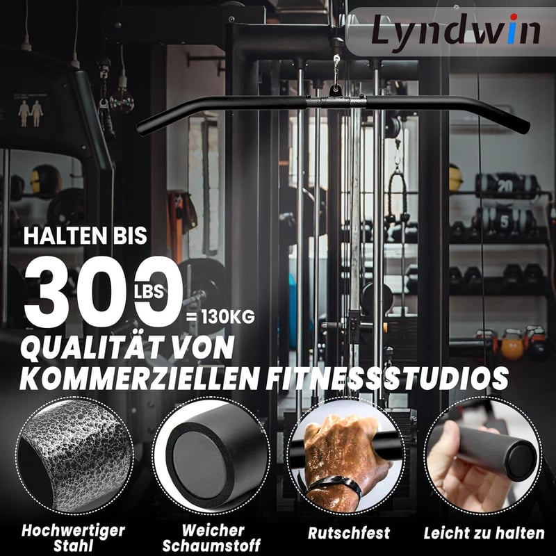 Lyndwin Edzőtermi Húzórúd 85cm - Fekete Acél Bicepsz Tricepsz Edzéshez, Forgatható Csatlakozóval, Csúszásgátló Markolattal
