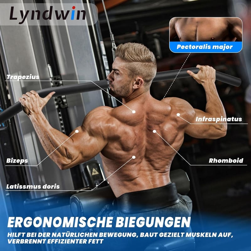 Lyndwin Edzőtermi Húzórúd 85cm - Fekete Acél Bicepsz Tricepsz Edzéshez, Forgatható Csatlakozóval, Csúszásgátló Markolattal