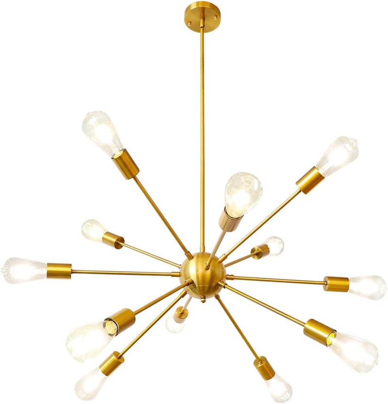 LynPon Lustră Modernă Sputnik - Lampă de Tavan cu Înălțime Ajustabilă, Aurie, cu 12 Becuri, Pendul Retro pentru Living, Bucătărie, Sufragerie