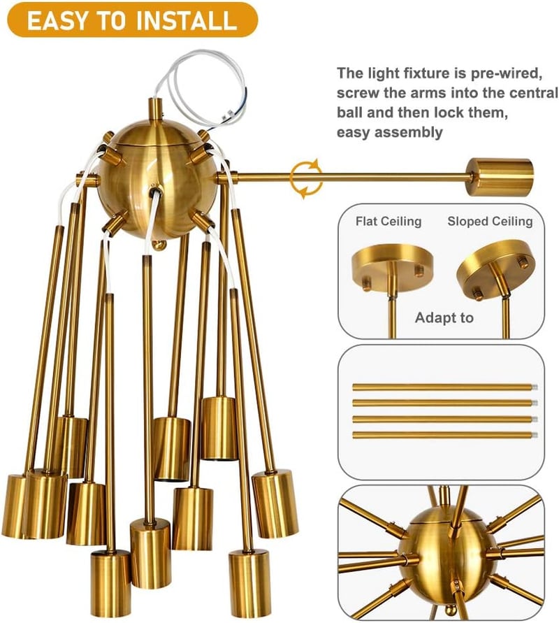 LynPon Lustră Modernă Sputnik - Lampă de Tavan cu Înălțime Ajustabilă, Aurie, cu 12 Becuri, Pendul Retro pentru Living, Bucătărie, Sufragerie