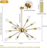LynPon Lustră Modernă Sputnik - Lampă de Tavan cu Înălțime Ajustabilă, Aurie, cu 12 Becuri, Pendul Retro pentru Living, Bucătărie, Sufragerie 2