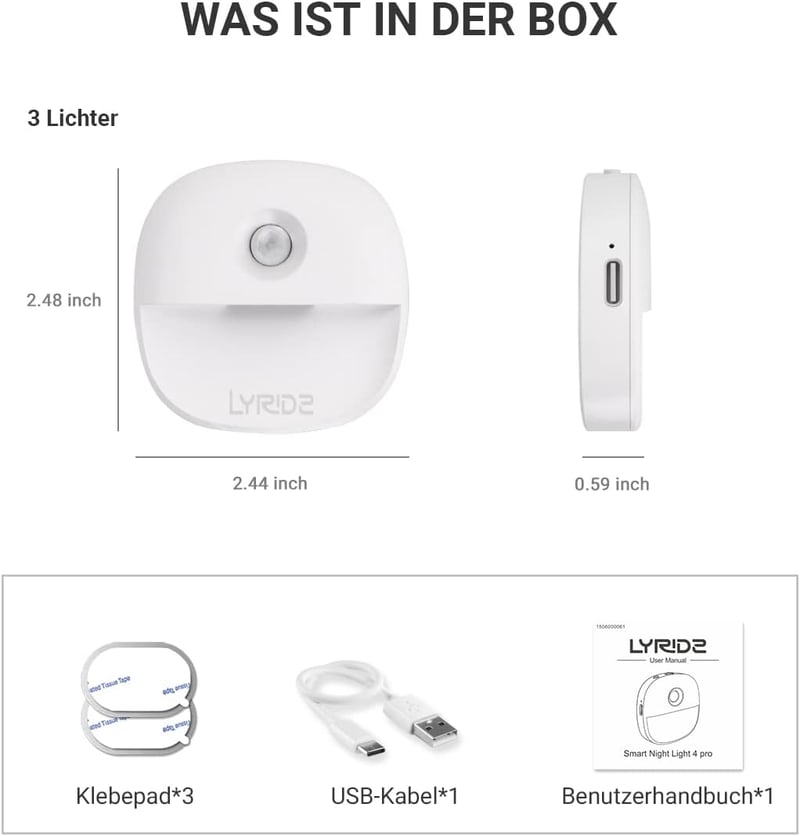 Lyridz mozgásérzékelős LED éjszakai lámpa szett 3db, töltöthető, 3 módú, lépcsővilágítás - White