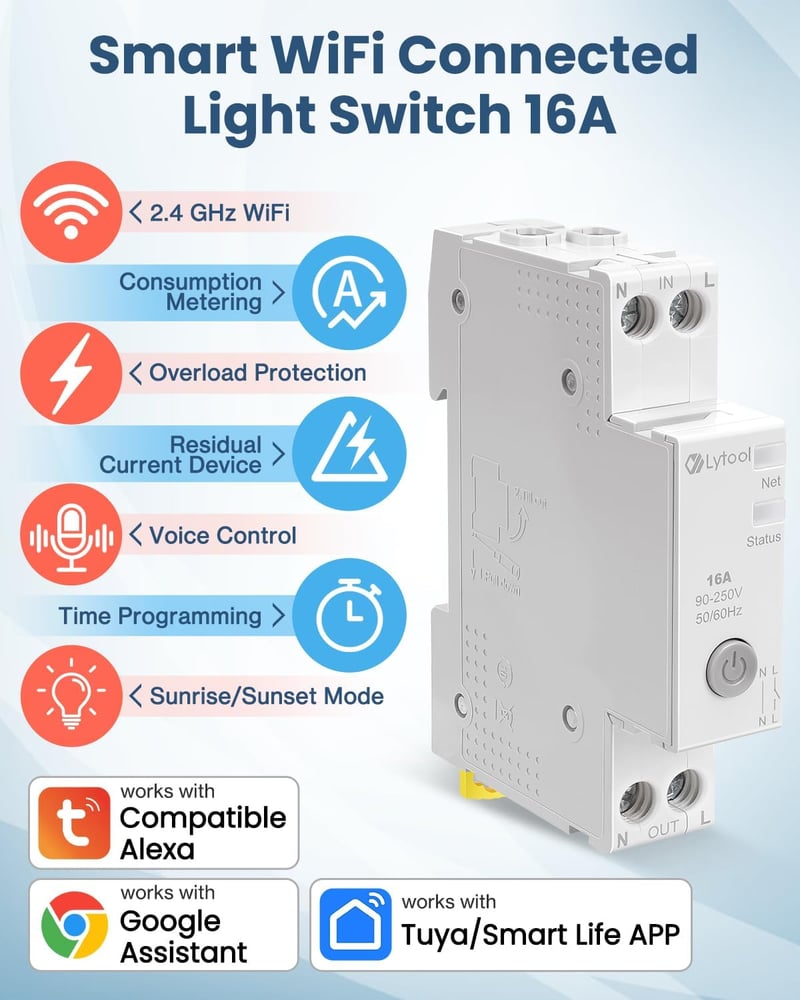 Lytool Smart WiFi Időzítő 16A DIN Sín Energiamérés Alexa Google
