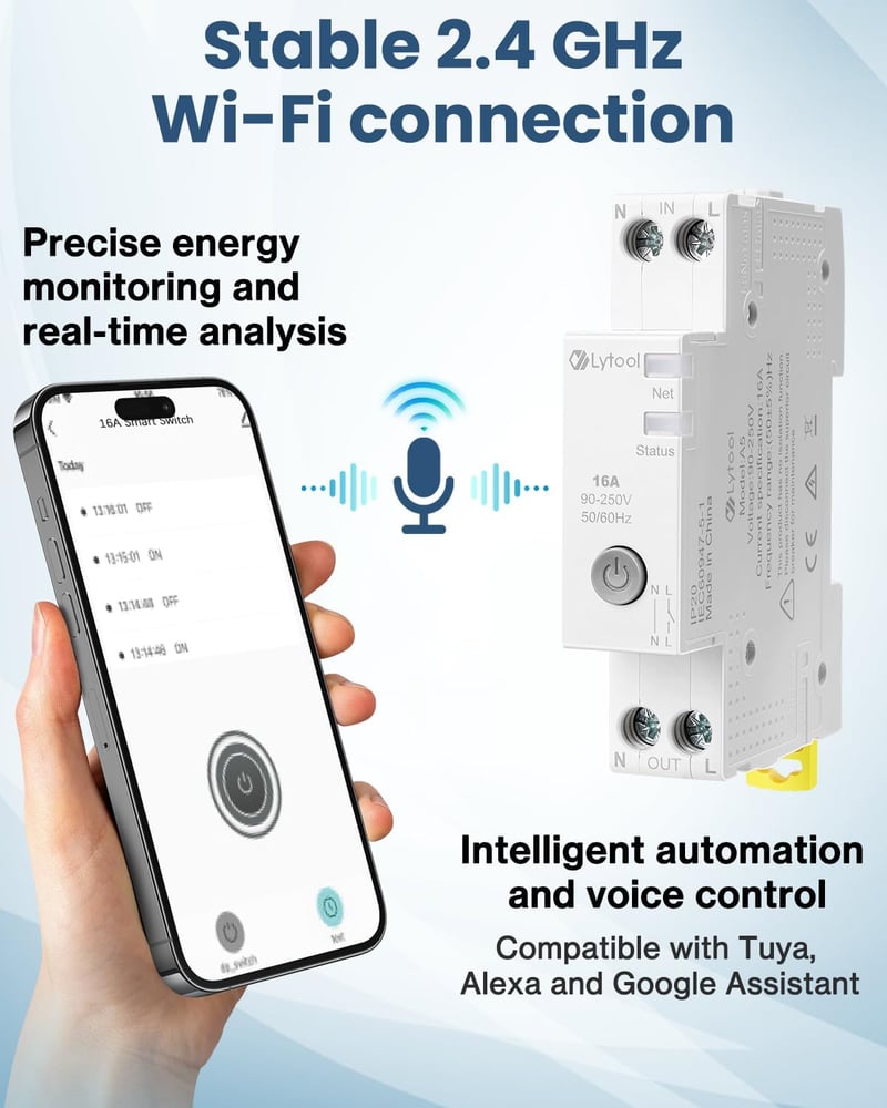 Lytool Smart WiFi Időzítő 16A DIN Sín Energiamérés Alexa Google