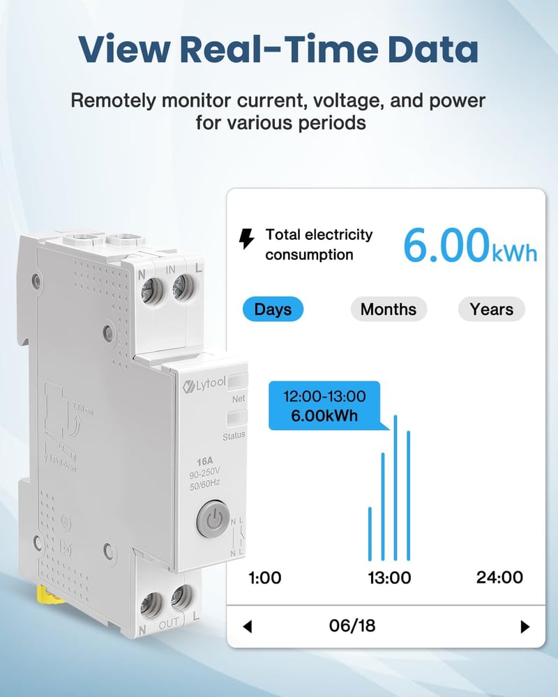 Lytool Smart WiFi Időzítő 16A DIN Sín Energiamérés Alexa Google