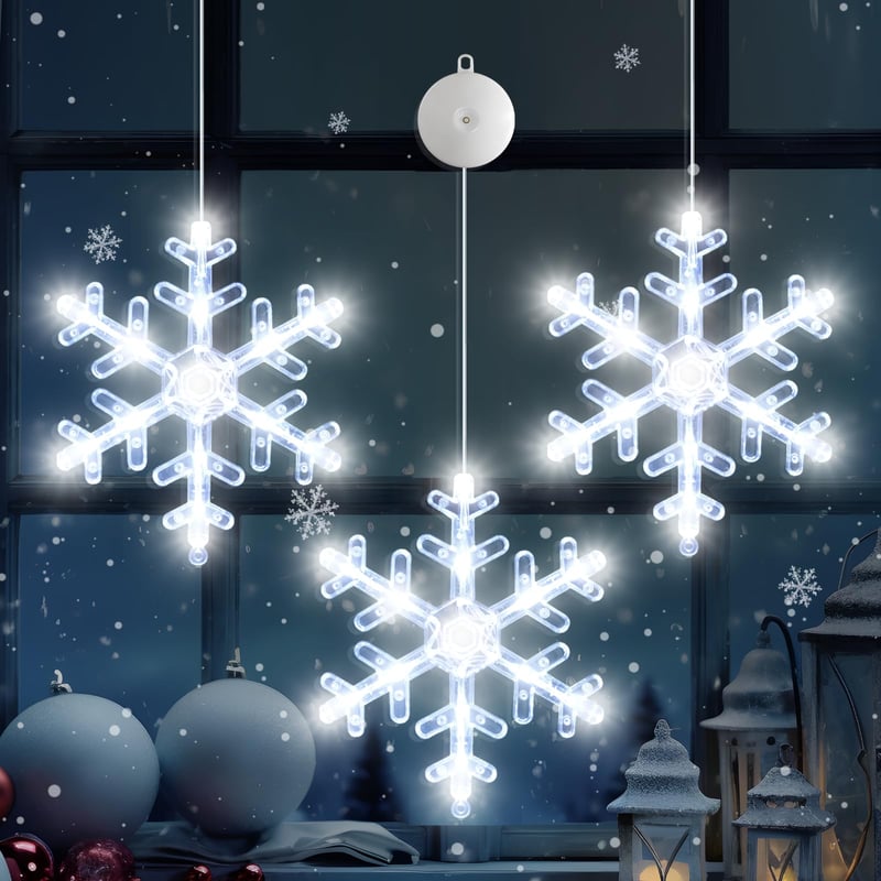 Set 3 Instalații Luminoase de Crăciun LYUBASA cu Fulgi de Nea și Temporizator, 36 LED-uri Albe, cu Baterii, pentru Geam, cu Ventuze, Decor de Crăciun pentru Interior, Fereastră, Balcon, Petrecere