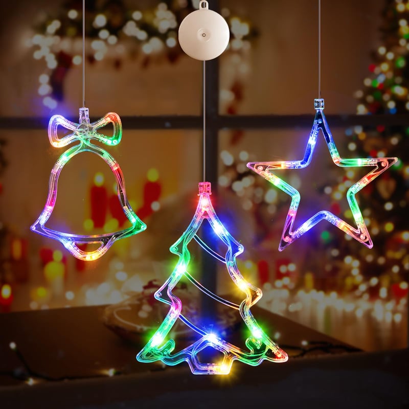 LYUBASA Set 3 Instalații Luminoase de Crăciun cu Temporizator, Forme de Brad, Stea și Clopoțel, 30 LED-uri Colorate, Decorațiune de Fereastră cu Ventuză și Baterii pentru Interior