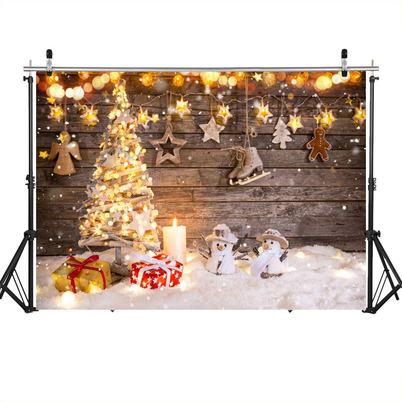 LYWYGG 240x180 cm Božićna Pozadina za Fotografiranje - Zlatno Božićno Drvce i Uzorak Snjegovića Vinilna Foto Dekoracija za Studio, za Blagdane