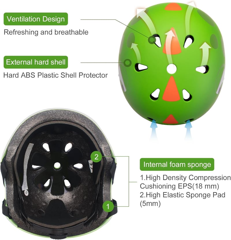 LZDMY Gyerek Sisak 50-54cm Bicikli Roller Gördeszka Skateboard Fejvédelem - green dinosaur set