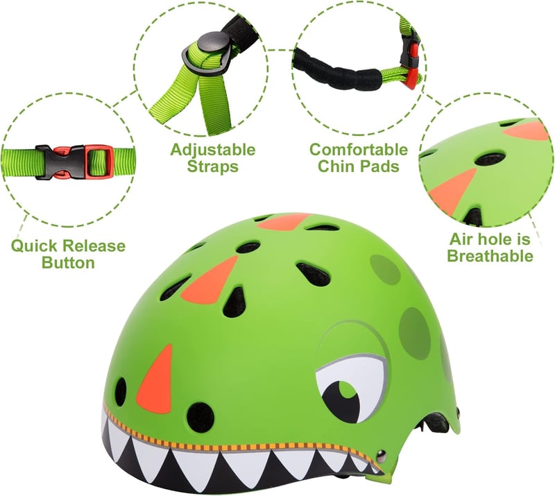 LZDMY Gyerek Sisak 50-54cm Bicikli Roller Gördeszka Skateboard Fejvédelem - green dinosaur set