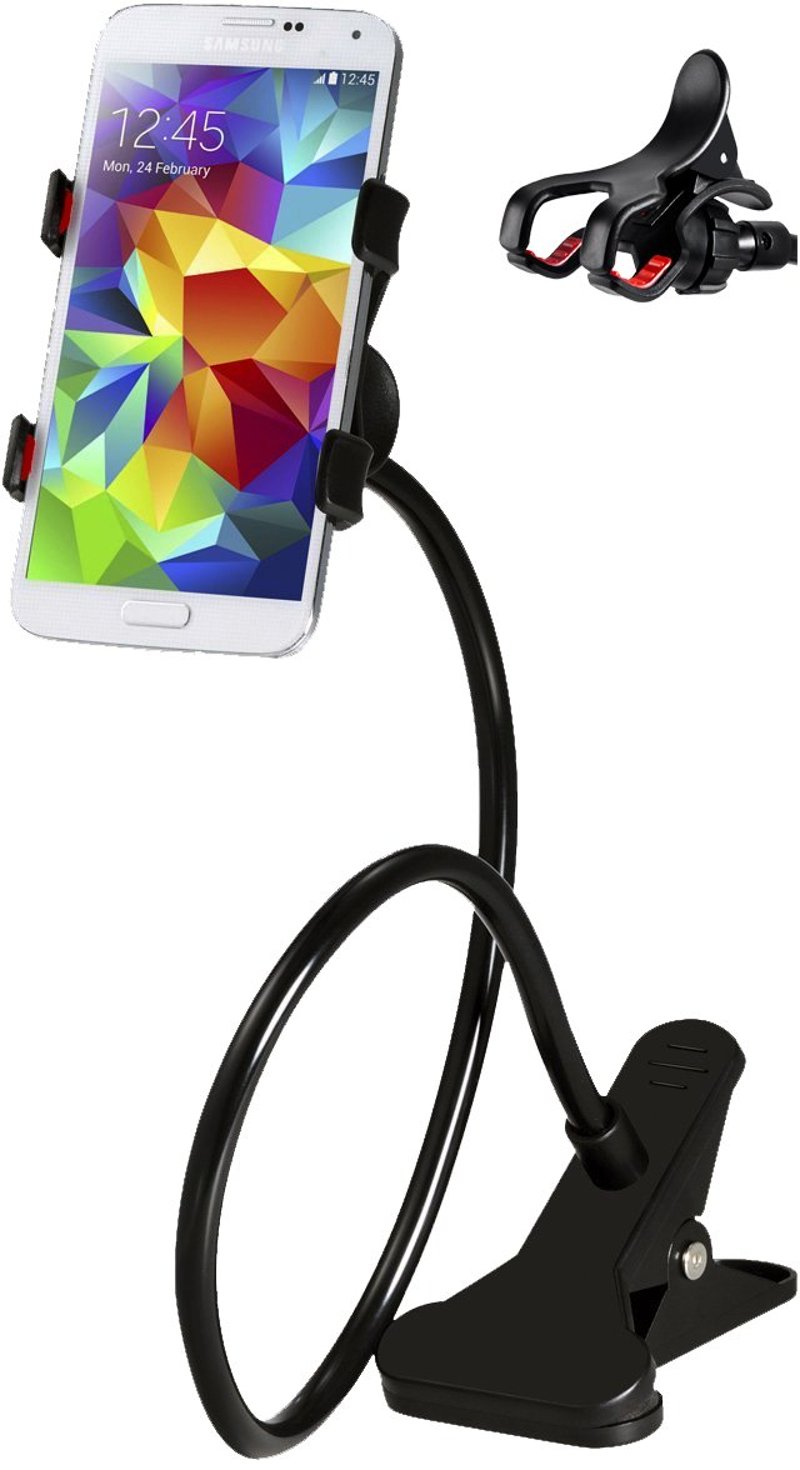 Suport de telefon tip gât de lebădă M&H-24 pentru smartphone și iPhone, rotativ la 360 de grade, suport cu clemă pentru birou și pat, negru