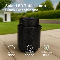 Solárna stolná lampa Mimotec Casablanca, čierna, teplé svetlo 2500K, stmievateľná, vodeodolnosť IP44, vstavaná batéria, na terasu a do záhrady 2