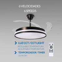 Stropný LED ventilátor Mimotec Cami čierny, DC motor, 6 rýchlostí, diaľkové ovládanie, výsuvné lopatky, letná a zimná funkcia, časovač, CCT 6