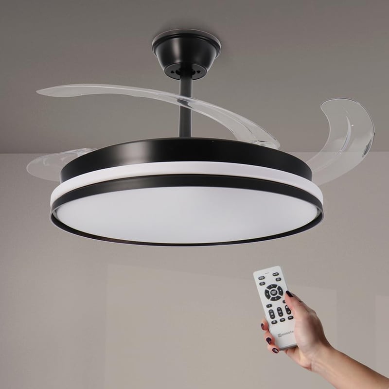 Stropný LED ventilátor Mimotec Cami čierny, DC motor, 6 rýchlostí, diaľkové ovládanie, výsuvné lopatky, letná a zimná funkcia, časovač, CCT