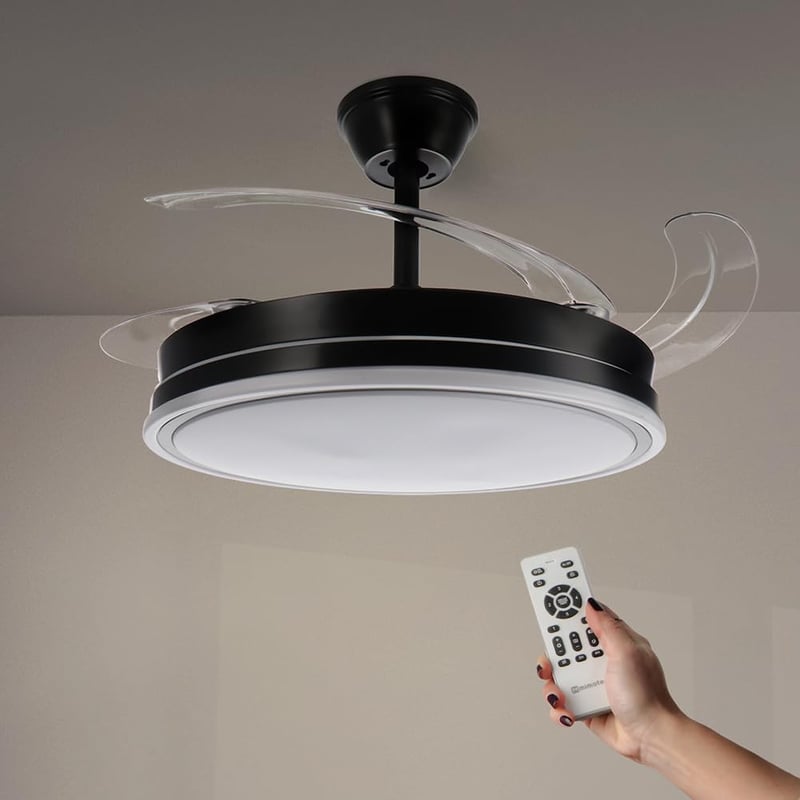 Stropný LED ventilátor Mimotec so svetlom, diaľkové ovládanie, jednosmerný motor, 6 rýchlostí, výsuvné lopatky, letná/zimná funkcia, časovač, CCT, čierny