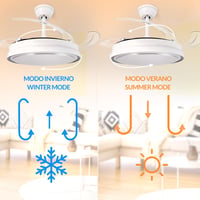 Stropný ventilátor Mimotec s LED osvetlením, biely, s diaľkovým ovládaním, jednosmerný motor (DC), 6 rýchlostí, tiché zasúvateľné lopatky, letný/zimný režim, časovač 4