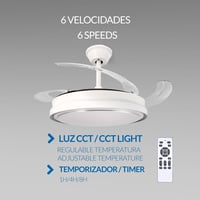 Stropný ventilátor Mimotec s LED osvetlením, biely, s diaľkovým ovládaním, jednosmerný motor (DC), 6 rýchlostí, tiché zasúvateľné lopatky, letný/zimný režim, časovač 6