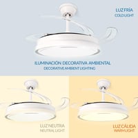 Stropný ventilátor Mimotec s LED osvetlením, biely, s diaľkovým ovládaním, jednosmerný motor (DC), 6 rýchlostí, tiché zasúvateľné lopatky, letný/zimný režim, časovač 2