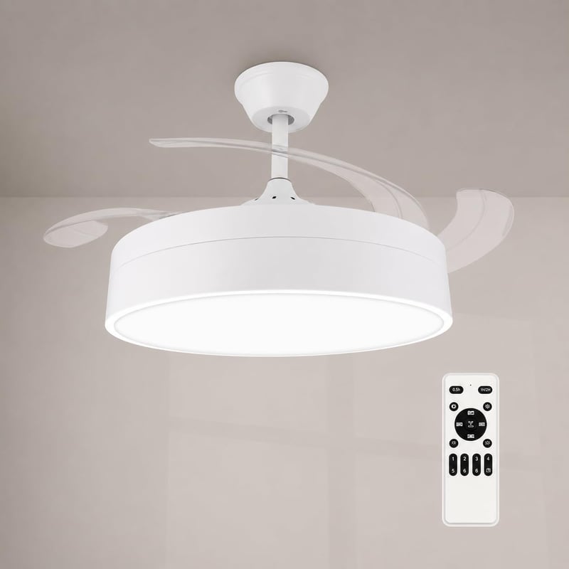 M Mimotec Mistra LED mennyezeti ventilátor lámpával és távirányítóval, fehér, 72W, DC motor, 6 sebesség, 4 összecsukható lapát, CCT szabályozható fény