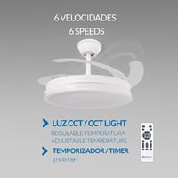 Stropný ventilátor Mimotec Olga s LED osvetlením, biely, s diaľkovým ovládaním, jednosmerný motor, 6 rýchlostí, výsuvné lopatky, letný/zimný režim, časovač 4
