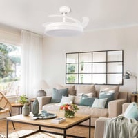 Stropný ventilátor Mimotec Olga s LED osvetlením, biely, s diaľkovým ovládaním, jednosmerný motor, 6 rýchlostí, výsuvné lopatky, letný/zimný režim, časovač 5