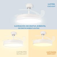 Stropný ventilátor Mimotec Olga s LED osvetlením, biely, s diaľkovým ovládaním, jednosmerný motor, 6 rýchlostí, výsuvné lopatky, letný/zimný režim, časovač 2